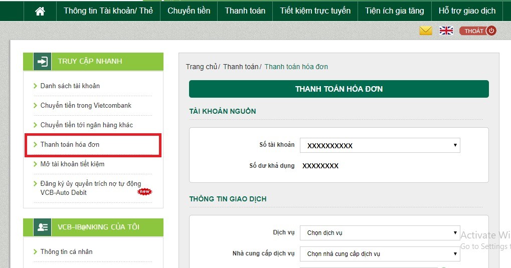 Hướng dẫn thanh toán tiền điện qua ngân hàng Vietcombank